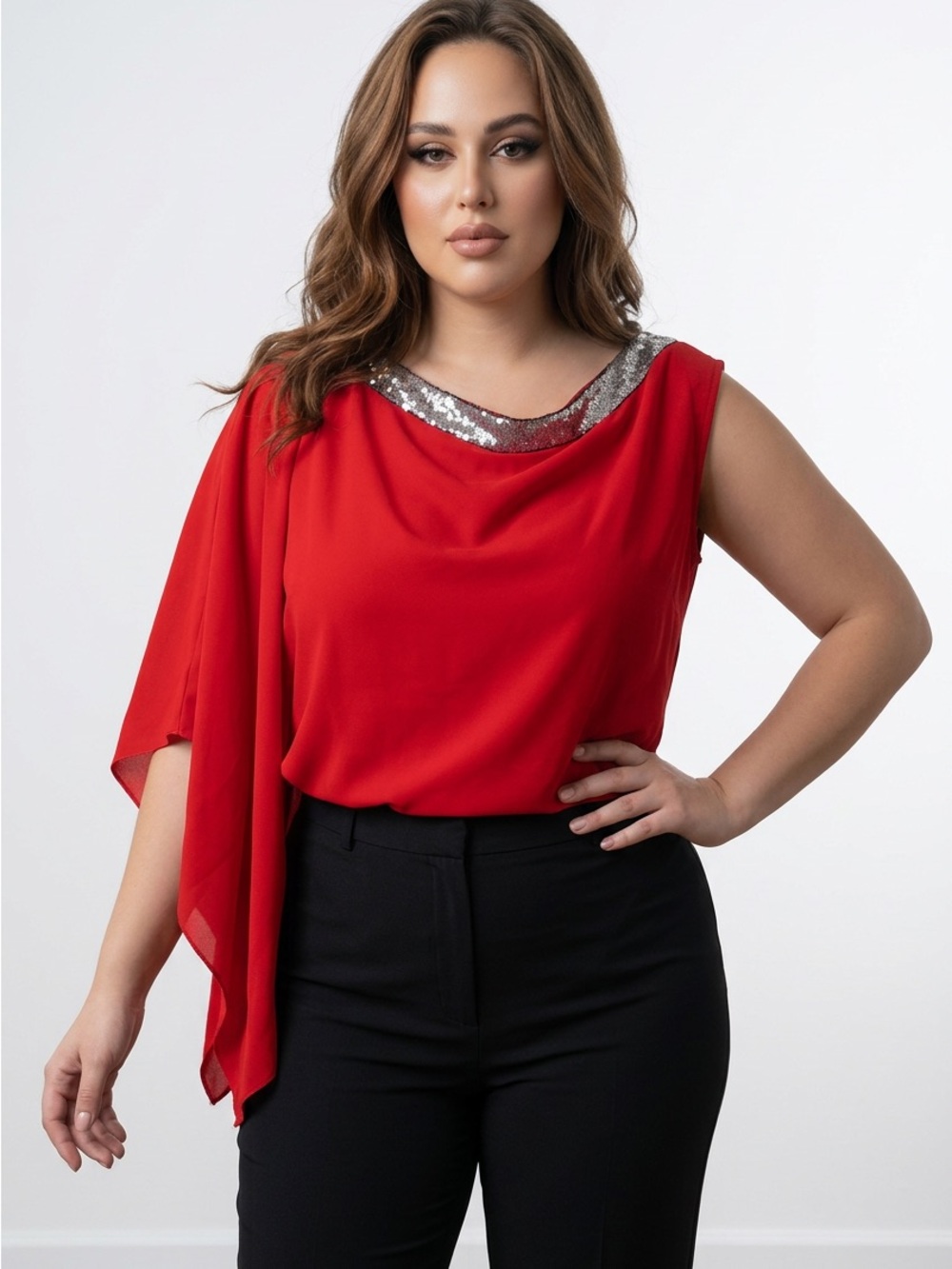 SHEIN Red One-Shoulder Sequin Trim Crop Top